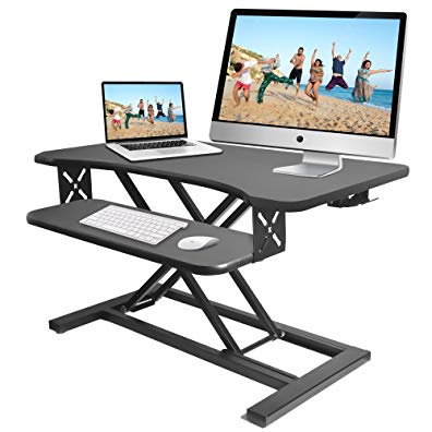Pyle Ergonomic Standing Desk & PC Monitor Riser - Height Adjustable Laptop & Computer Table w/ Wide Keyboard Tray - Black Sit & Stand Desktop Workstation Converter for Office or Gaming Use - PDRIS12