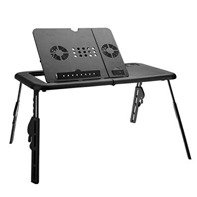 Portable Adjustable Laptop Desk/Stand/Table Home Office Vented Notebook Stand Reading Holder Bed Tray w/Fan & Mouse Pad for Bed Sofa Couch Floor (Black, 12.5Wx22L)
