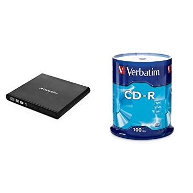 Verbatim External Slimline CD/DVD Writer w/ CD-R 700MB 52X 100pk Spindle