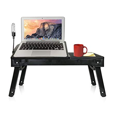 Laptop Stand with Cooling Fan & LED Light - Portable, Folding Table for Laptops with 4 USB Ports - Height Adjustable - Comfort Angled Mouse Pad