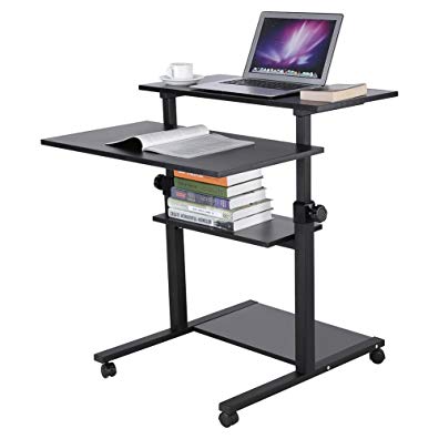 Wooden Mobile Standing Computer Work Station Desk Adjustable Height Rolling Presentation Cart Office Home Use (Black)