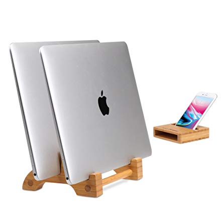 Vertical Laptop Stand, AVLT-Power Bamboo Tablet & MacBook Combo Stand with Natural Un-plugged Sound Amplifier Phone Holder Stand