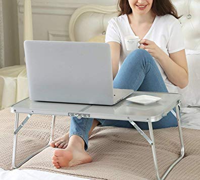 Laptop Table for Bed, Foldable Lap Desk Breakfast Serving Tray, Notebook Stand Reading Holder for Couch Floor, Folds in Half w' Inner Storage Space with Folding Aluminium Alloy Legs, Silver