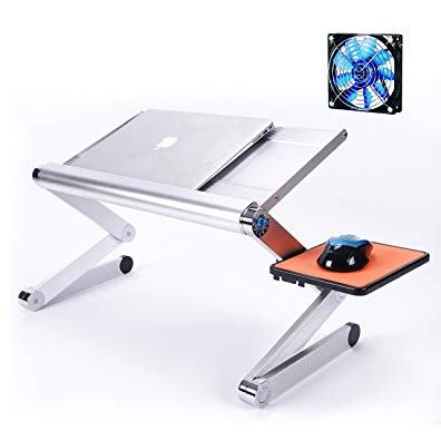 TongTa Portable Adjustable Aluminum Alloy Laptop Stand Desk Table Vented Fan with Ergonomic Mouse Pad Side Up to 17 inch (Silver)
