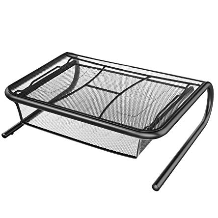 Monitor Stand Riser with Pull Out Storage Drawer - Mesh Metal Printer Holder with Ventilated Surface for Computer, Laptop, Printers - Keeps Your Devices Cool & Prevents Overheating - Premium Computer